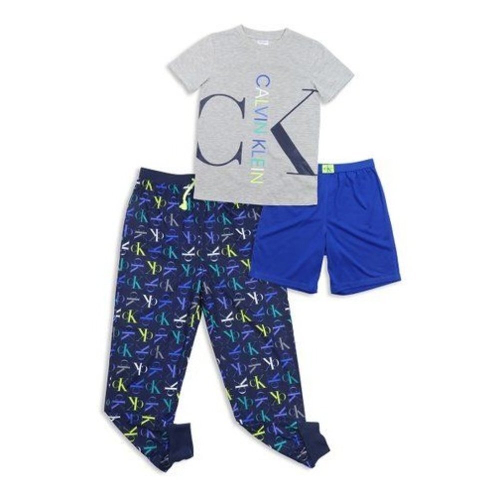 Calvin Klein 3 PIECES Boys Navy & Gray Logo-Print Joggers Pajama Set‎ M7/8 NWT